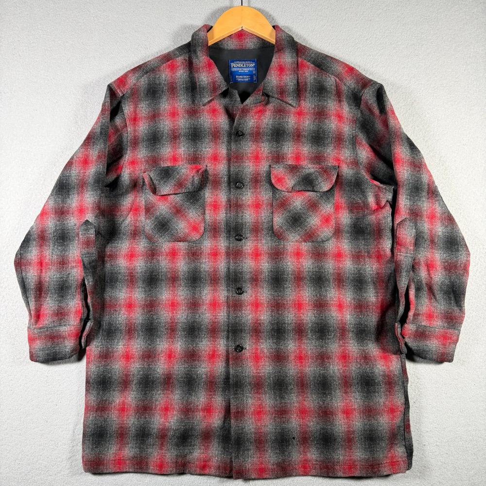 Pendleton Board Shirt Mens Large Red Grey Plaid 100% Virgin Wool 1957 Archive